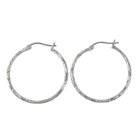 Estate Sterling Silver 925 Textured Hoop Earrings - Picture 3 of 7